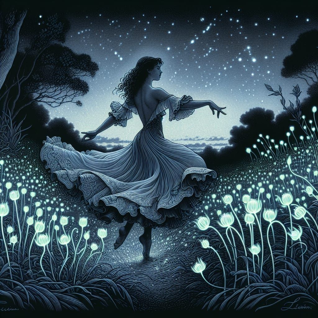 Ethereal Bioluminescent Dance in Art Nouveau Style