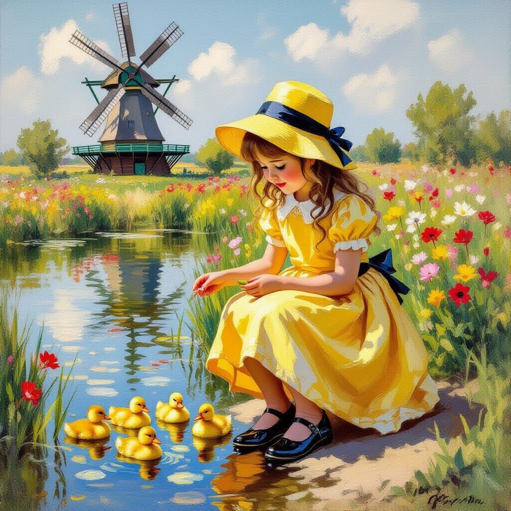 Girl Feeds Ducklings in Impressionist Oil Painting Style