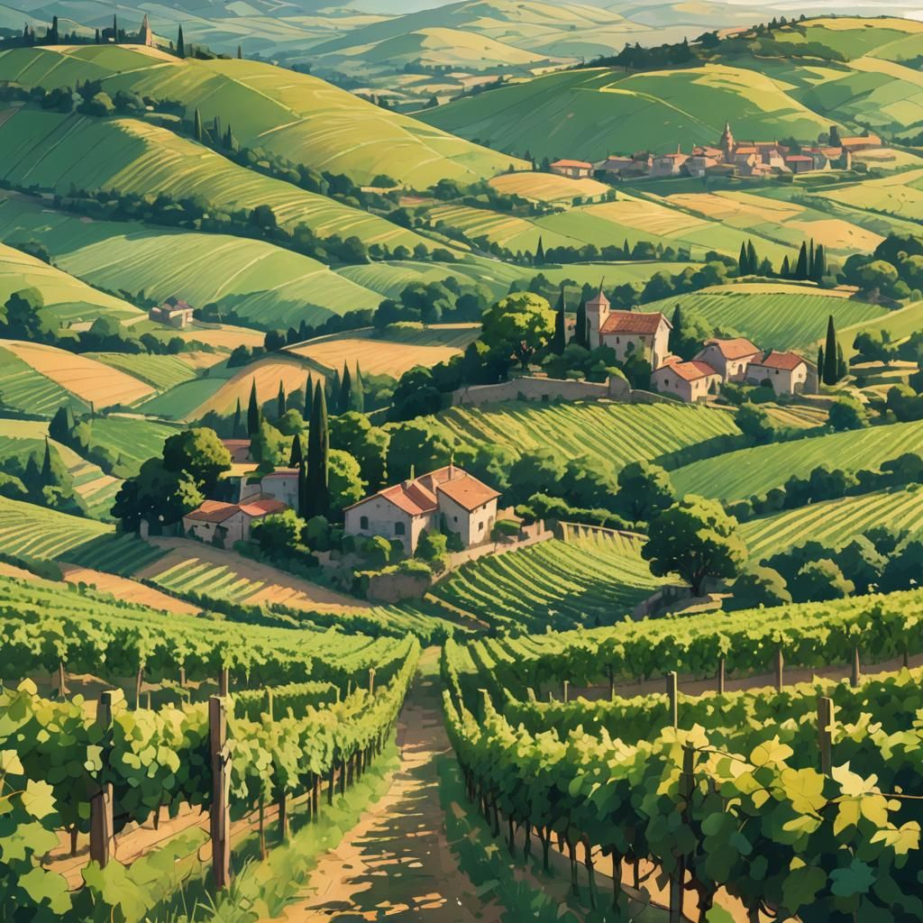 Lush Vineyard in France: Anime Style Landscape