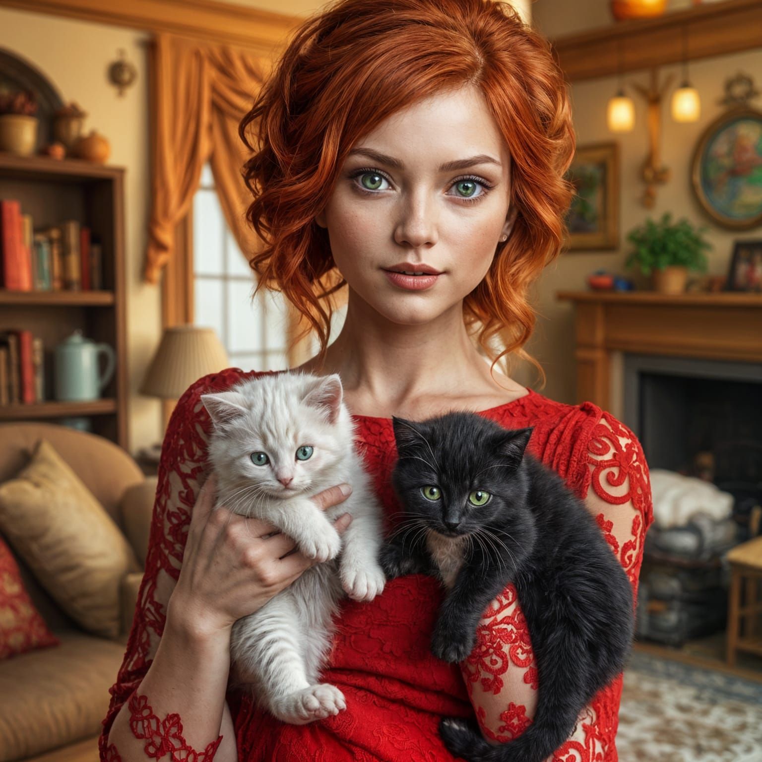 Hyperrealistic Woman with Intricate Red Hair and Kittens in ...
