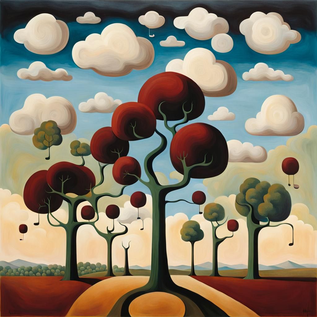 Surreal Landscape with Wine Glass Trees in Abstract Style