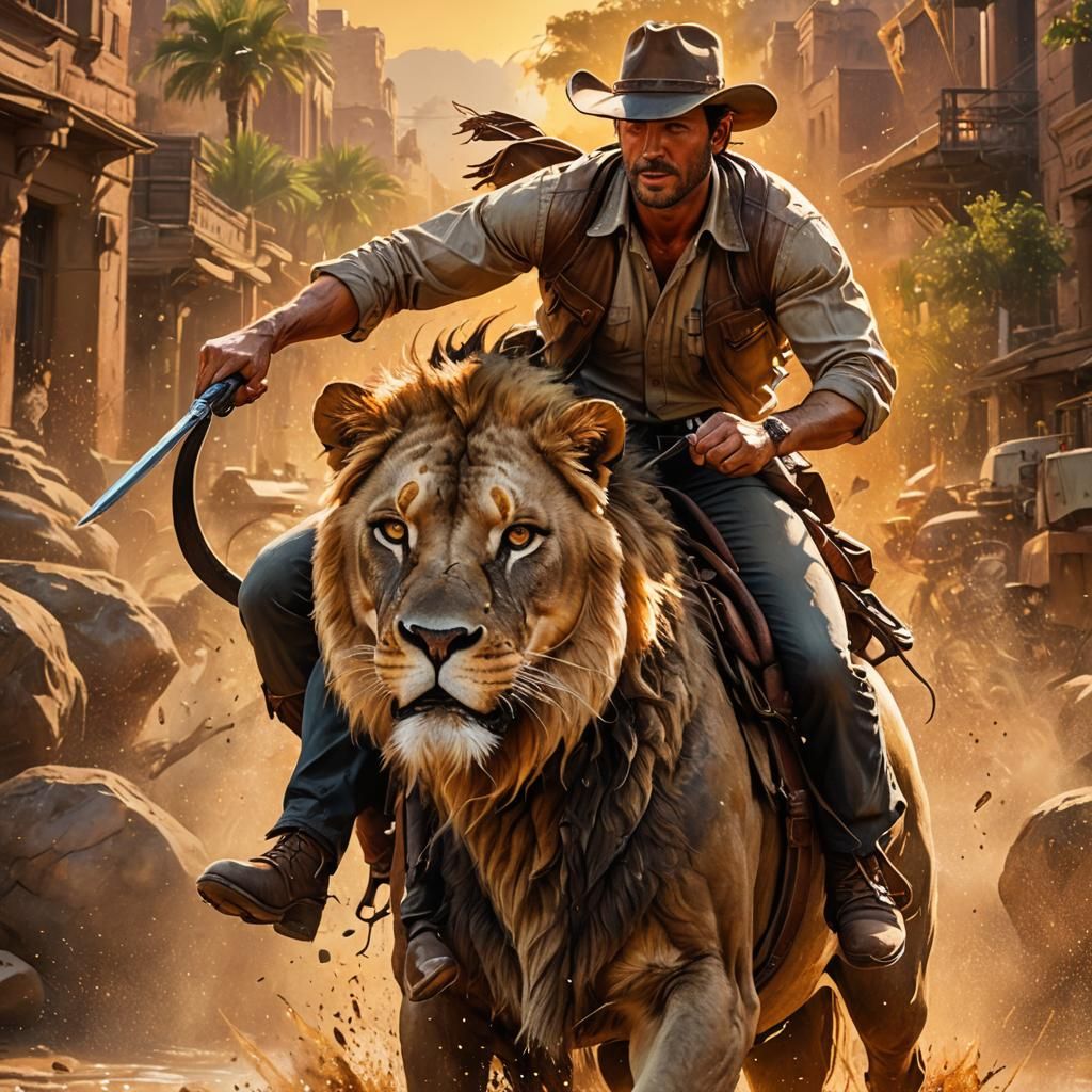 Cowboy Riding Lion in Savannah: Splash Art