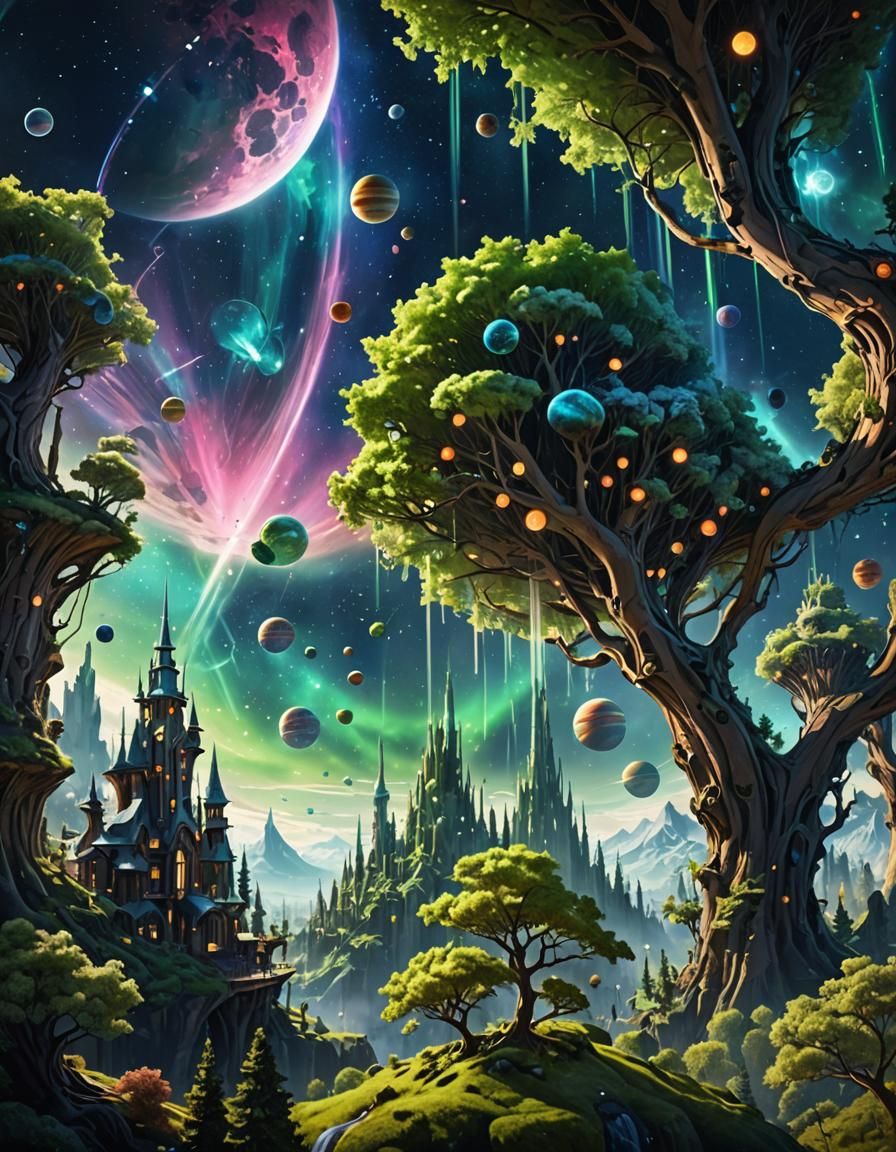 Ethereal Sky City with Aurora and Flying Reptiles