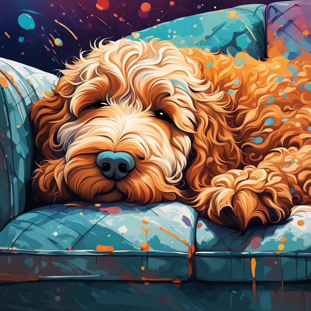 Golden Doodle Sleeping: Hyperrealistic Splash Art