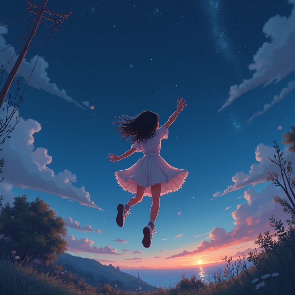 Girl on a Swing Under Starry Night Sky