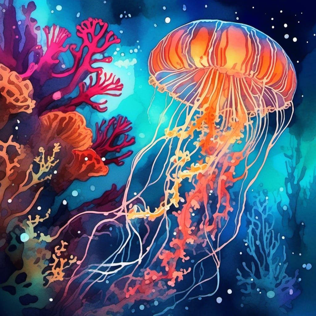 Bioluminescent Coral Reef in Digital Watercolor