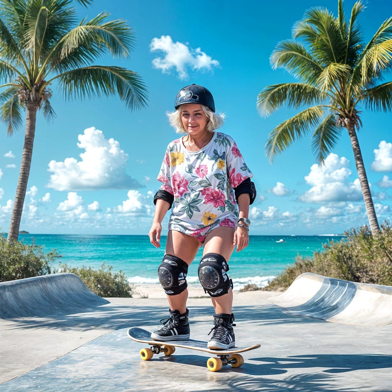 Grandmother Skateboarding in Lush Seaside Skatepark