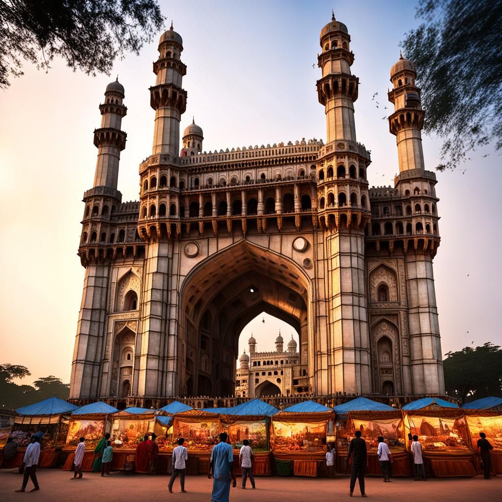 Charminar Monument in Hyderabad at Dusk: Oil Painting