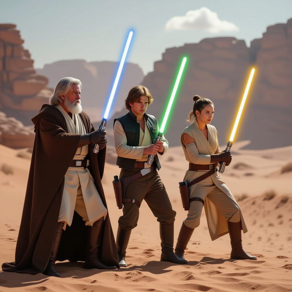 Star Wars Icons: Kenobi, Skywalker, and Rey on Desert Planet