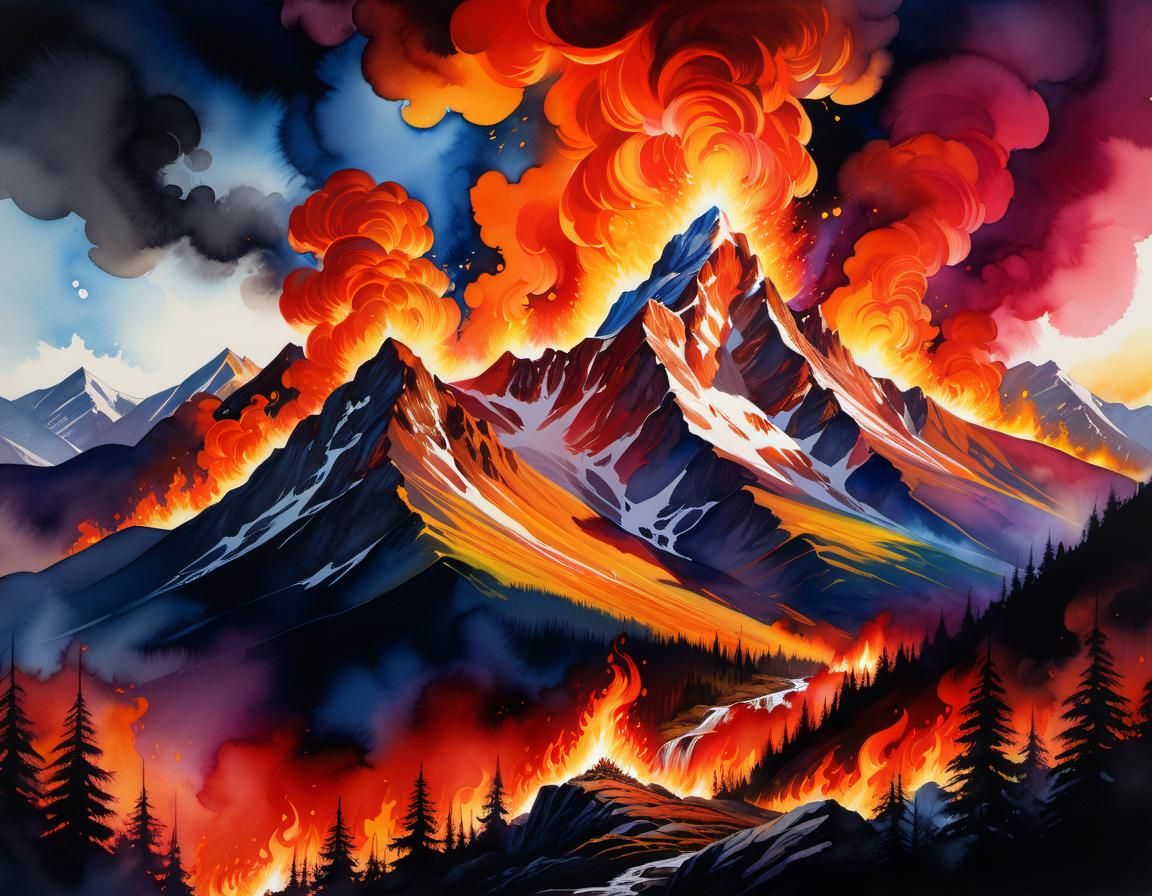 Fiery Mountain Landscape in Watercolor Style