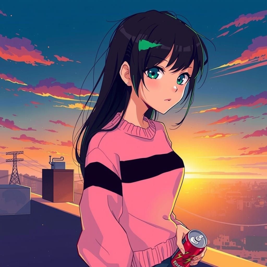 Edgy Emo Girl in Anime-Inspired Art Style with Green Hair