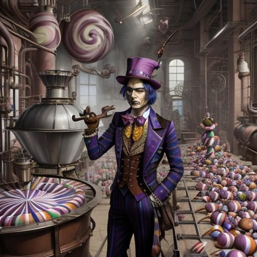 Johnny Depp as WillyWonka making an Everlasting Gobstopper in his chocolate factory (🍬🍫🏭:1.5) watercolor, geometric p...