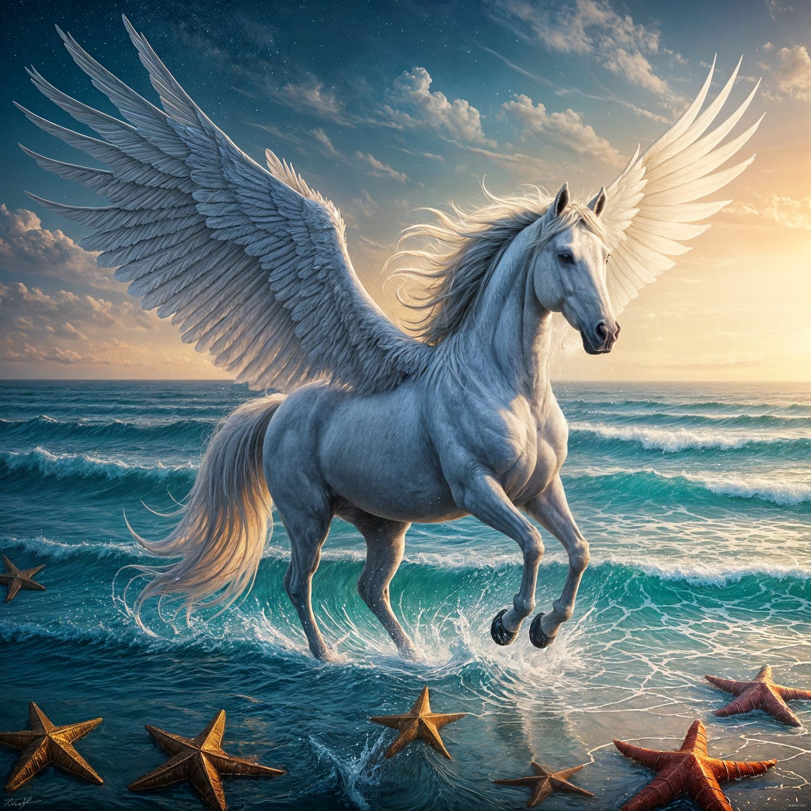 Ethereal Pegasus Galloping Through Surf, Fantasy Art