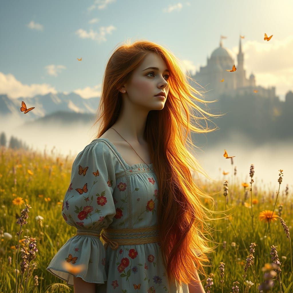 Enchanting Hyperrealistic Portrait of a Young Woman in a Sun...