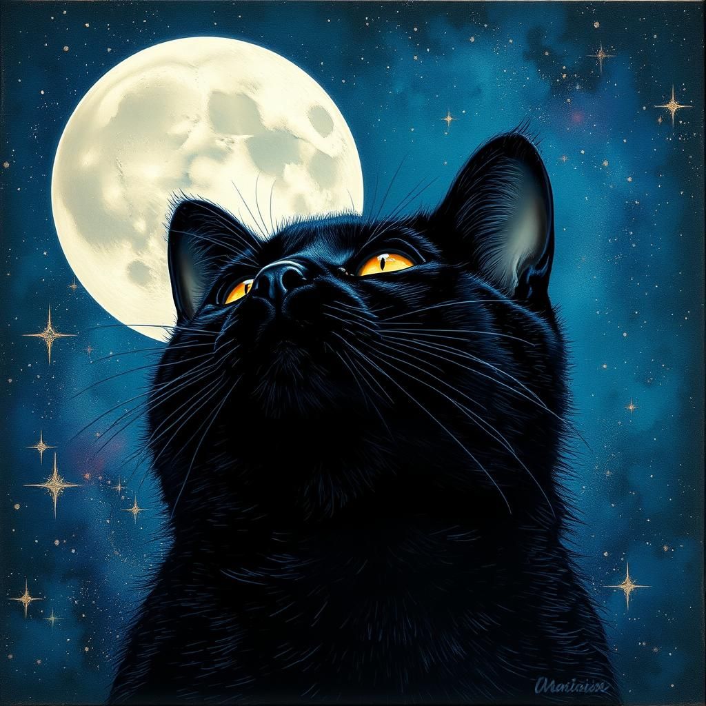 Black Cat Gazing at Moon in Encaustic Style