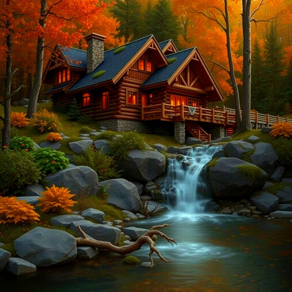 Magnificent Autumn Mountain Waterfall Lodge