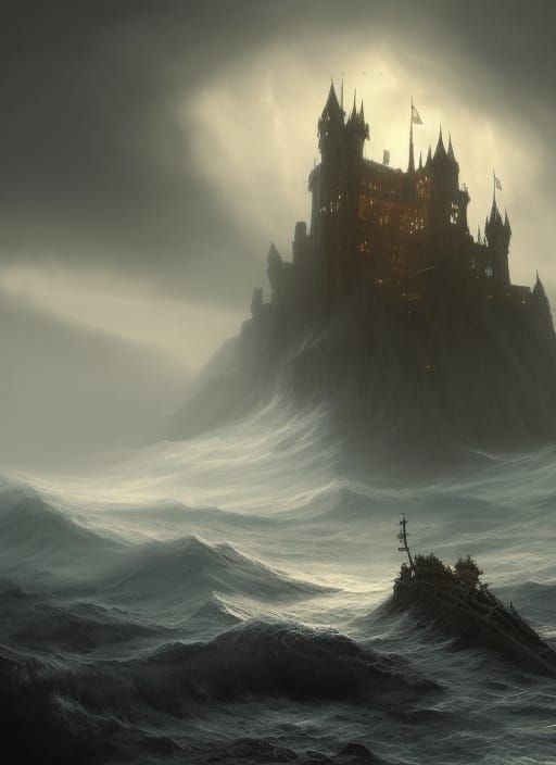 Kraken Tentacles Lift Gothic Castle in Stormy Seas