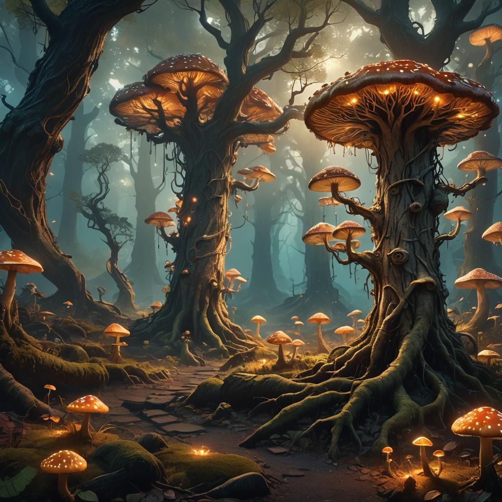 Mystical Forest Landscape with Glowing Mushrooms