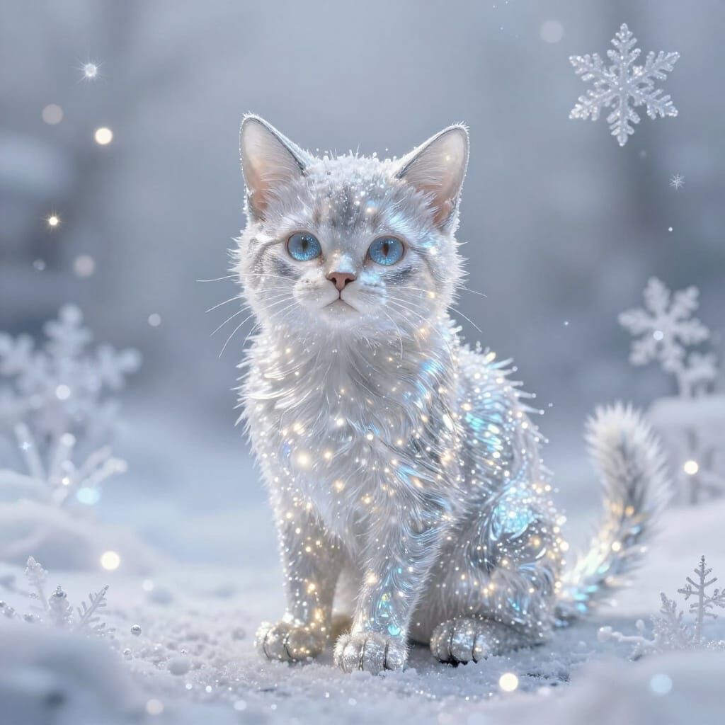 Shimmering Light Kitten in Ethereal Winter Wonderland