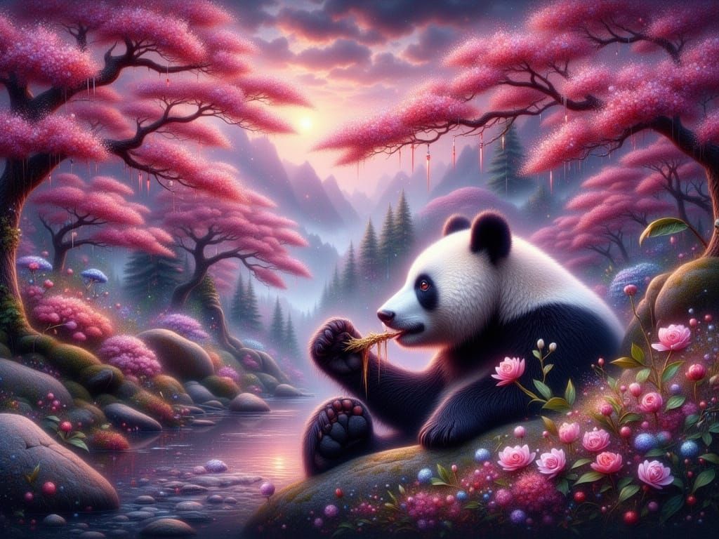 Glowing Panda in Japanese Garden