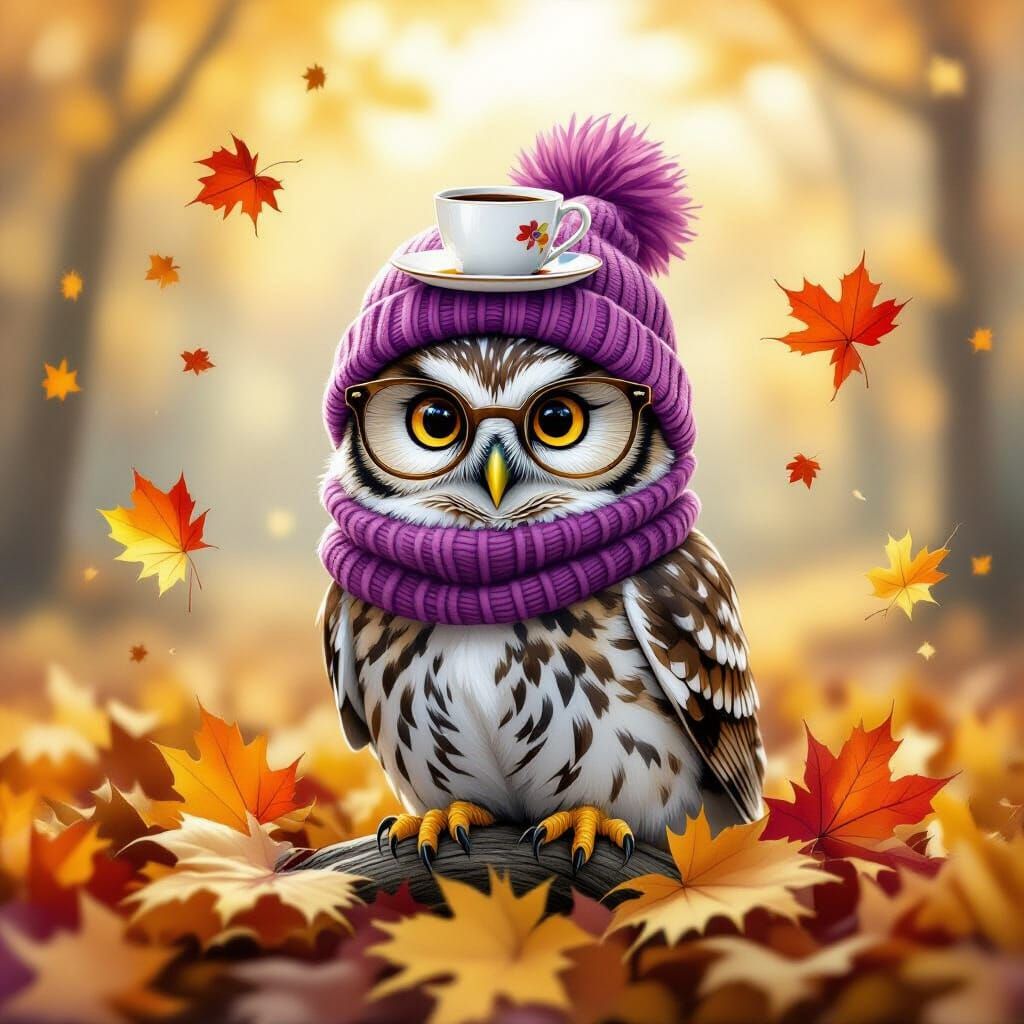 Whimsical Owl on Autumn Leaf in Surreal Watercolor Style