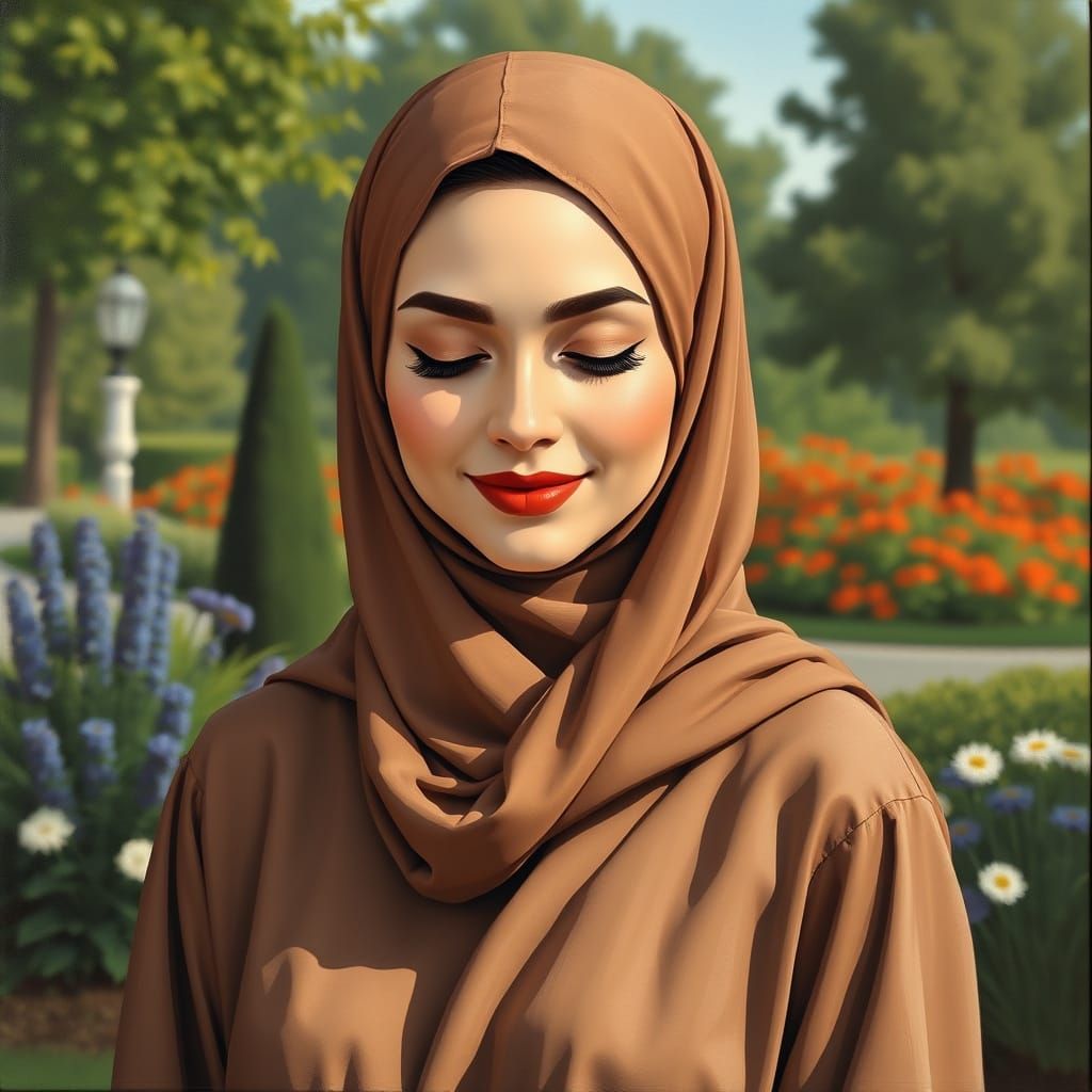 Minimalist Oil Painting: Smiling Woman in Hijab