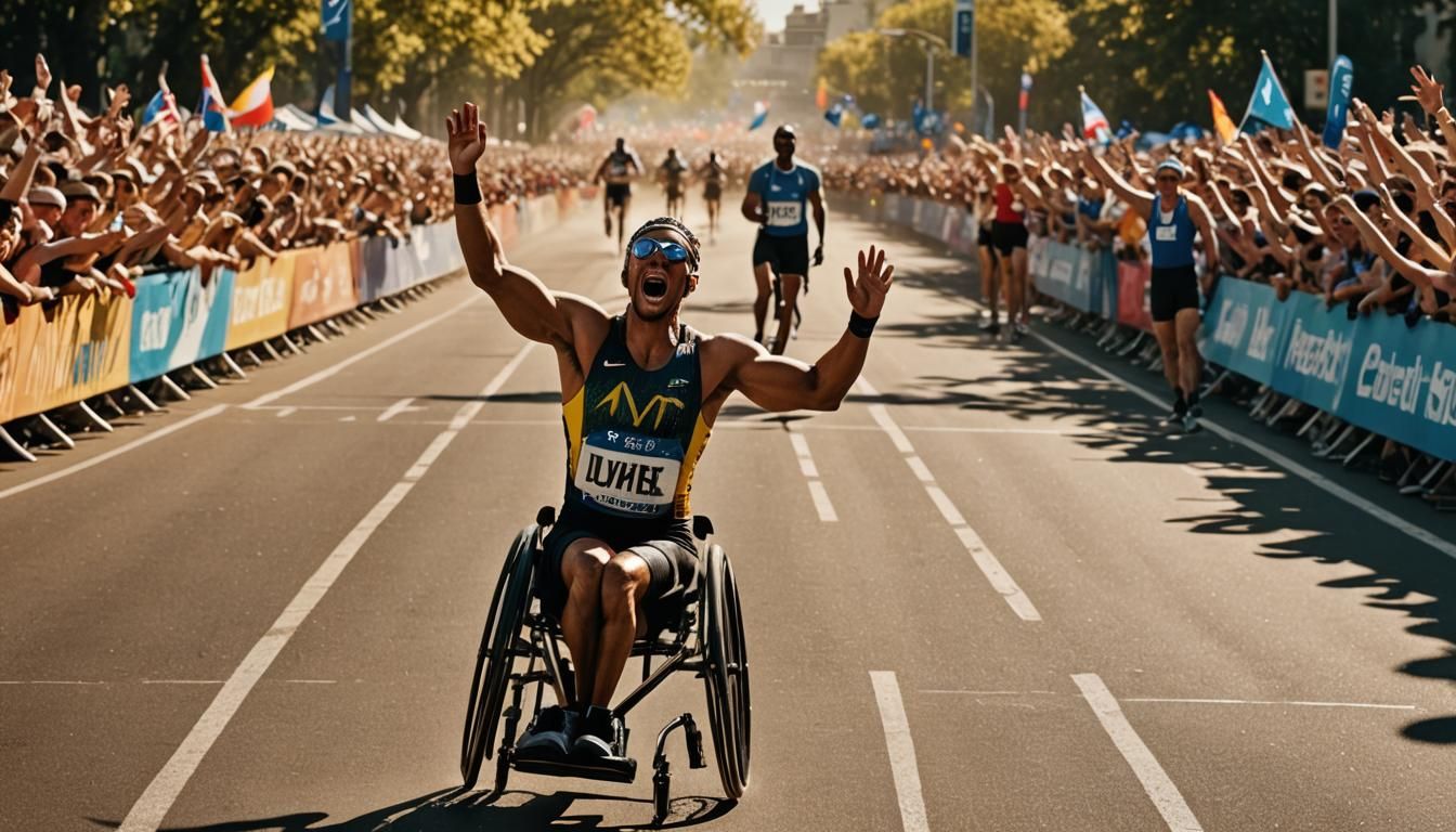 A triumphant Para athlete crossing the finish line in a whee...