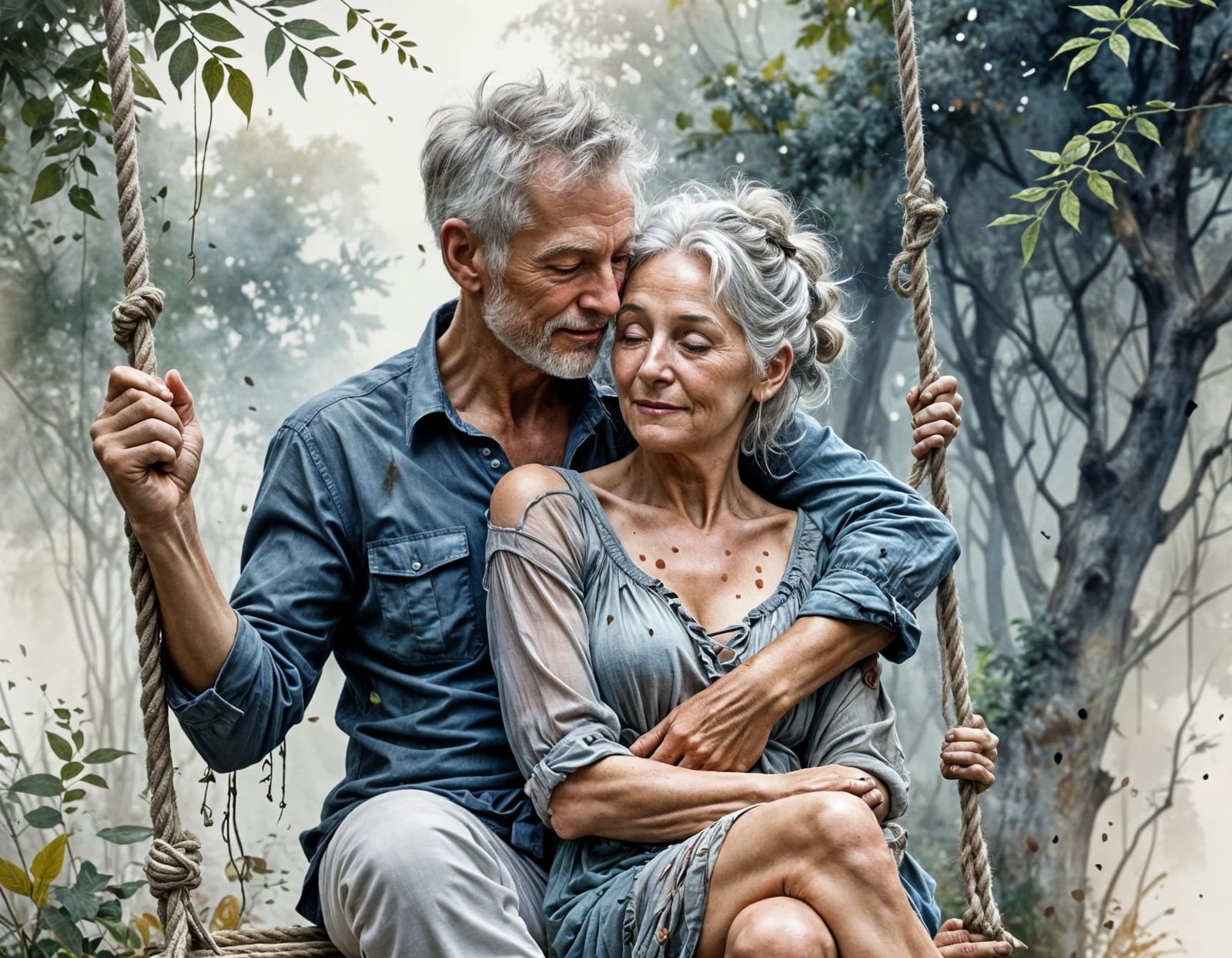 Elderly Couple Cuddling on Rope Swing in Watercolour Style