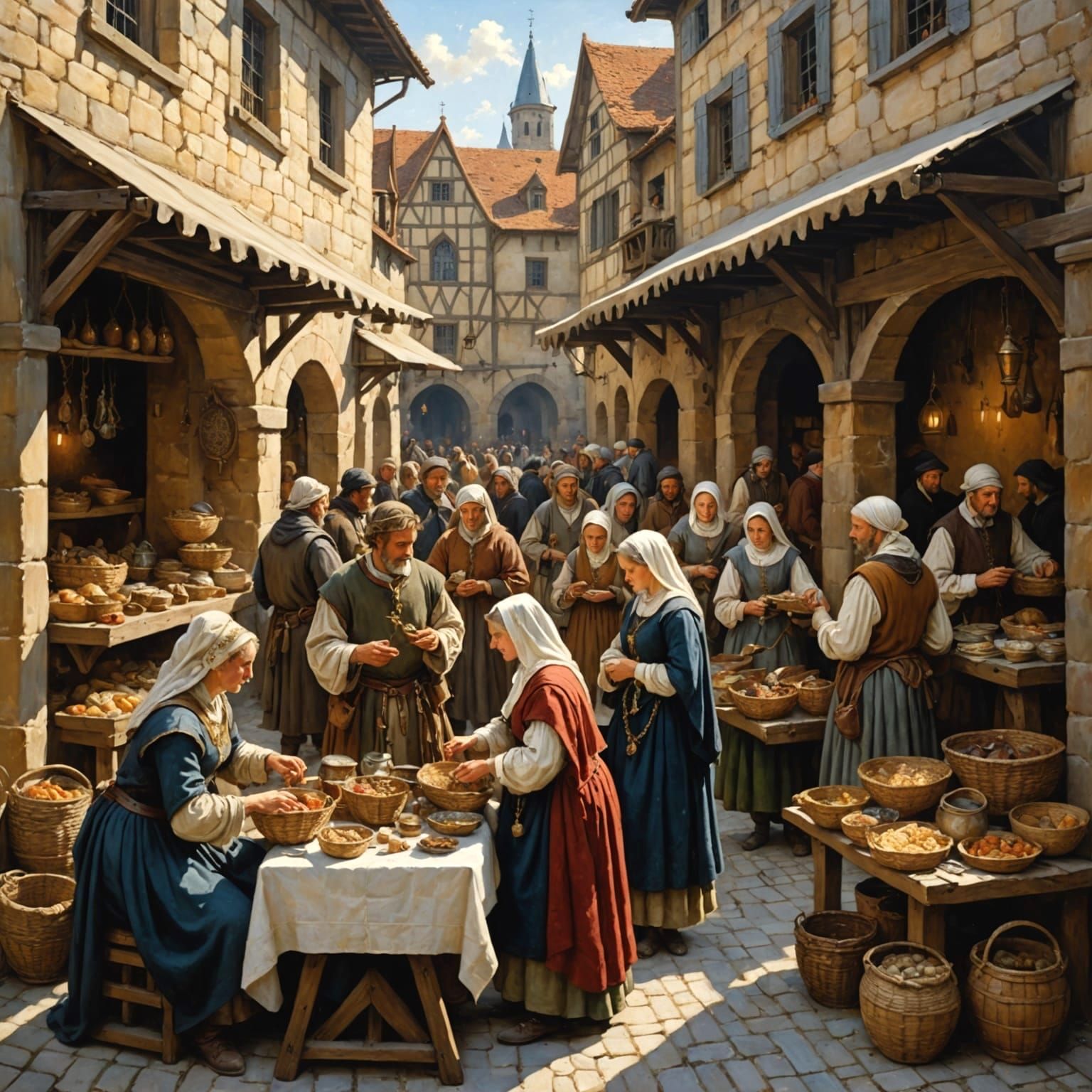 Medieval Marketplace Scene in Detailed Oil Painting Style