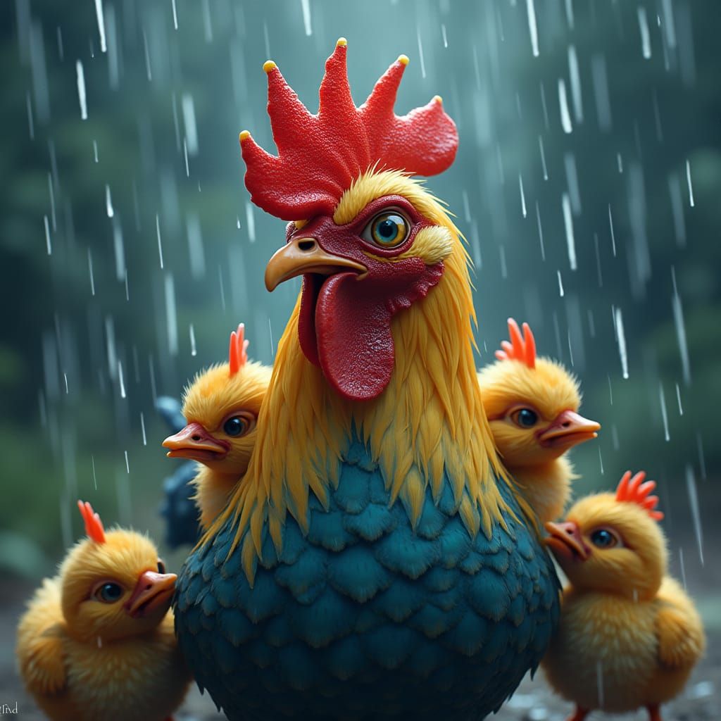 Chicken Protects Chicks in Hyper-Realistic Matte Painting