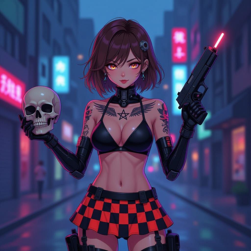 Anime Cyborg Girl in Neon Cityscape