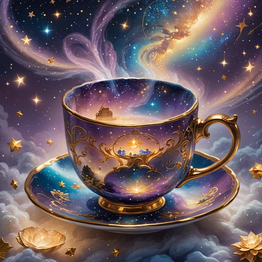 Celestial Teacup in Space: A Fantasy Oil Painting
