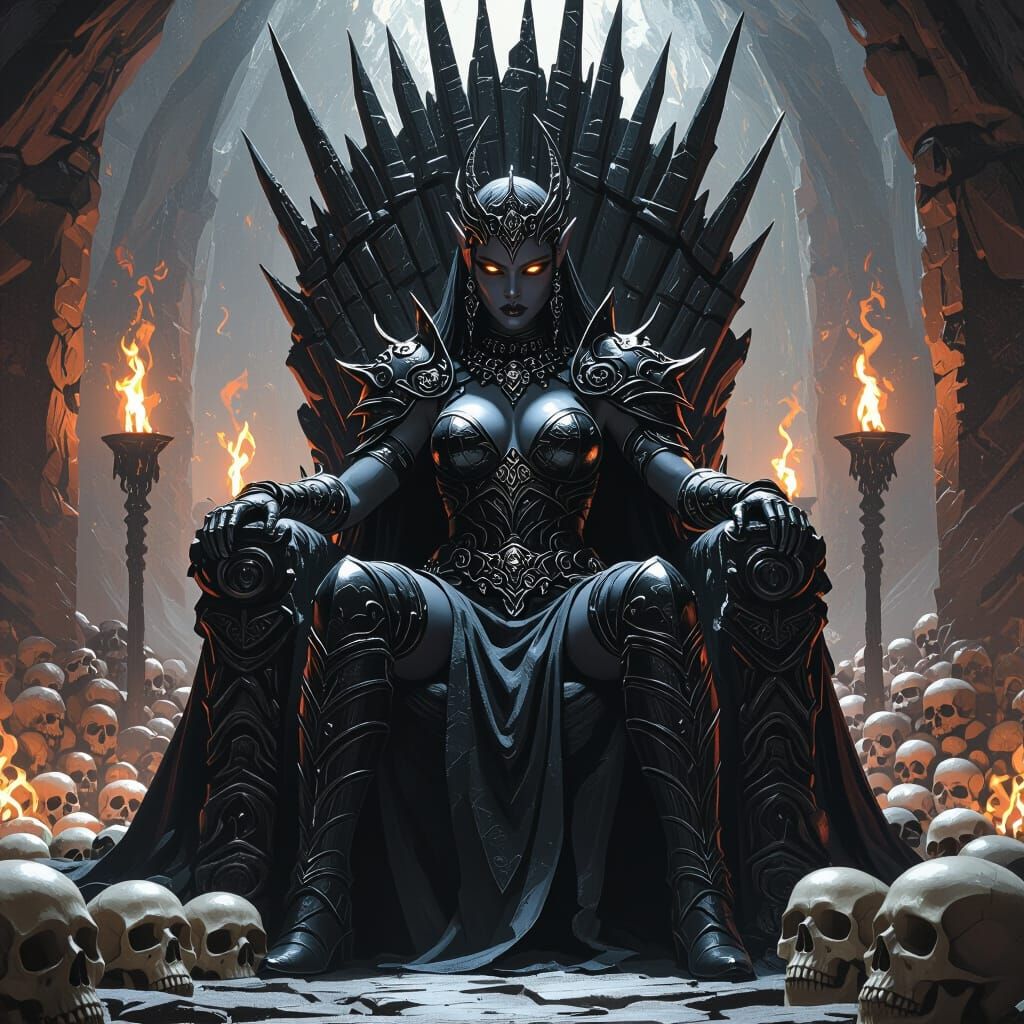 Drow Warrior Queen on Skull Throne, Dark Fantasy Art
