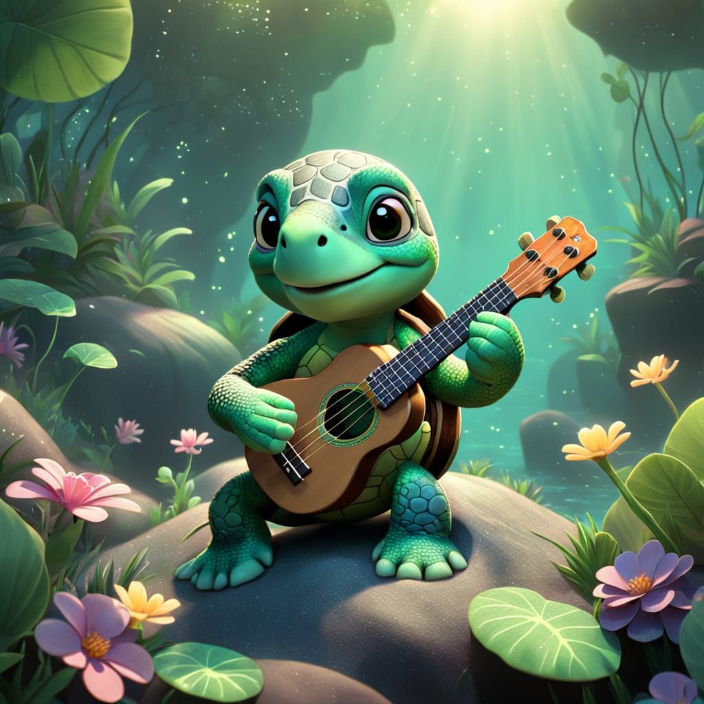 Singing Turtle with Ukulele in Pixar Style
