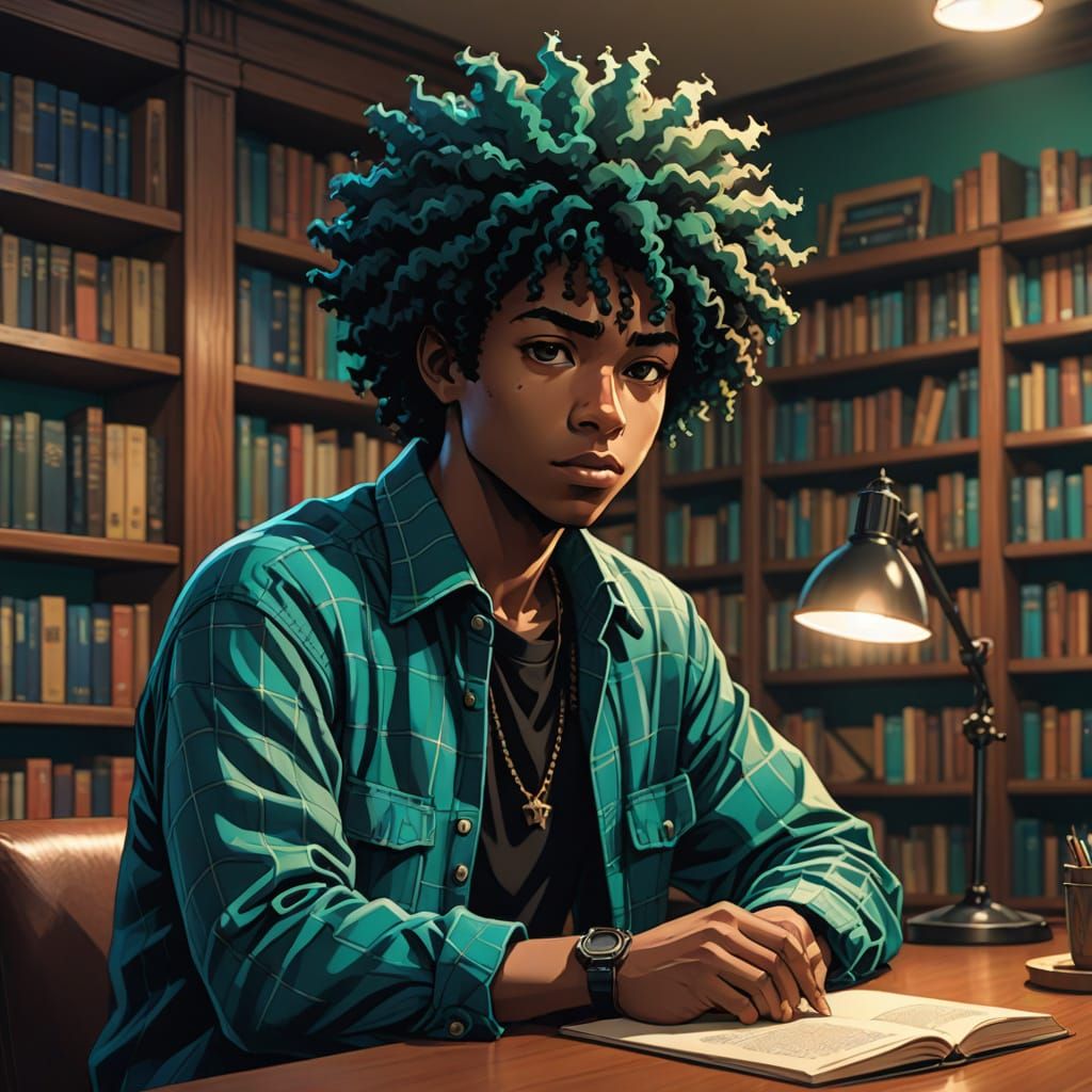 Anime Portrait of African American College Boy in Cozy Libra...