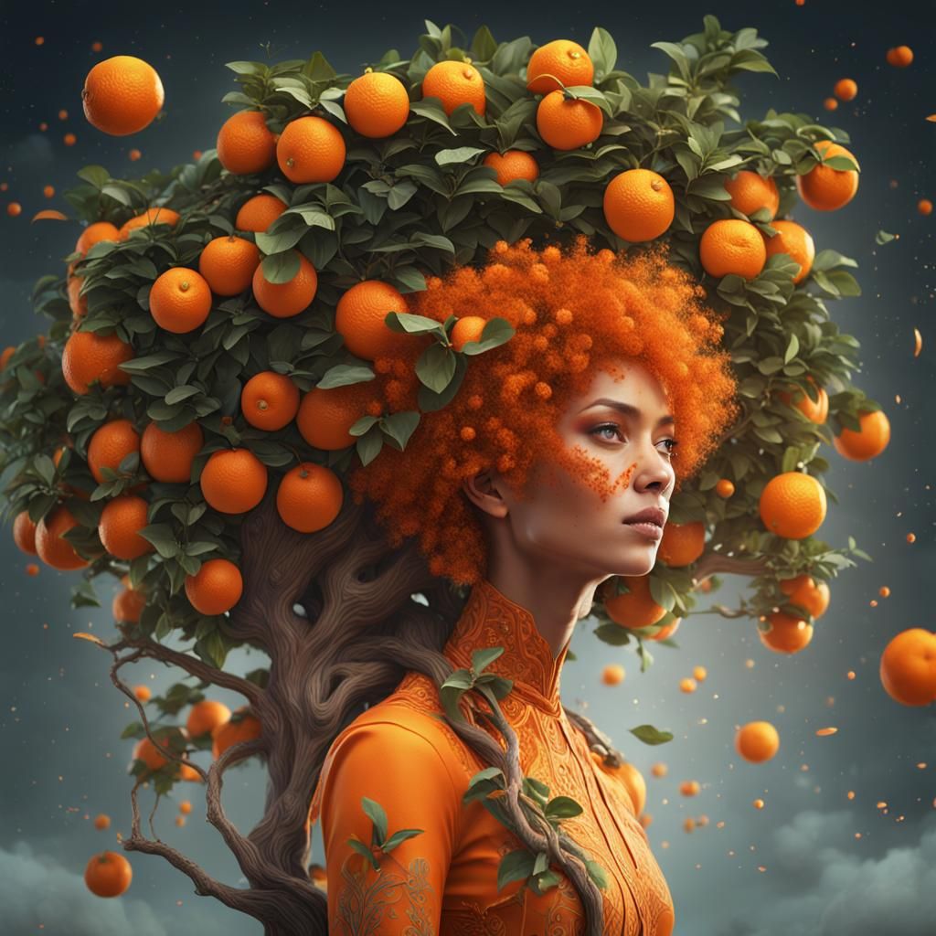 Woman with Orange Tree Hair, Detailed Matte Painting