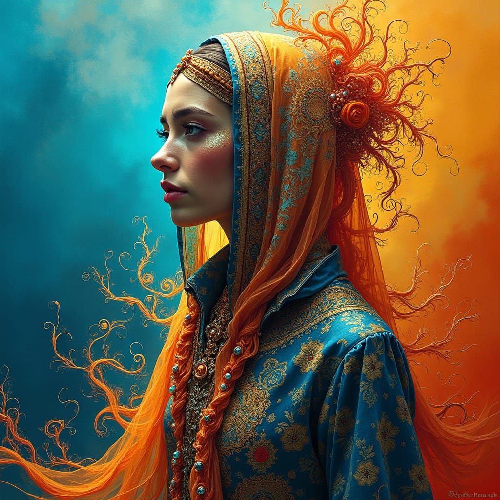 Mystical Nomad in Dreamlike Abstract Landscape