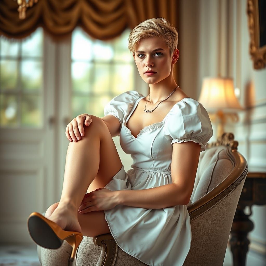 Confident Masculine Figure in Feminine Fashion