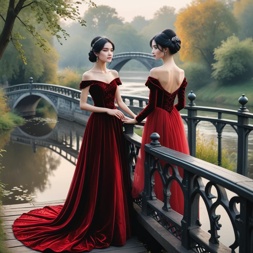 Princess in Red Velvet Gown in Misty Park