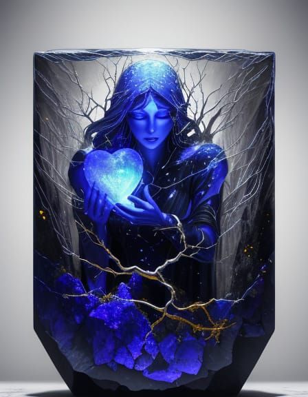 Surreal Lapis Heart with Evolving Faces and Crystal Branches
