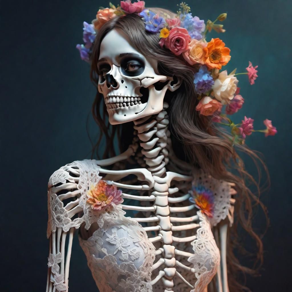 Intricate Skeleton Girl in Floral Lace Dress