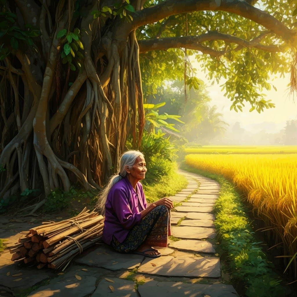 Golden Rice Fields: Post-Impressionist Banyan Tree Scene