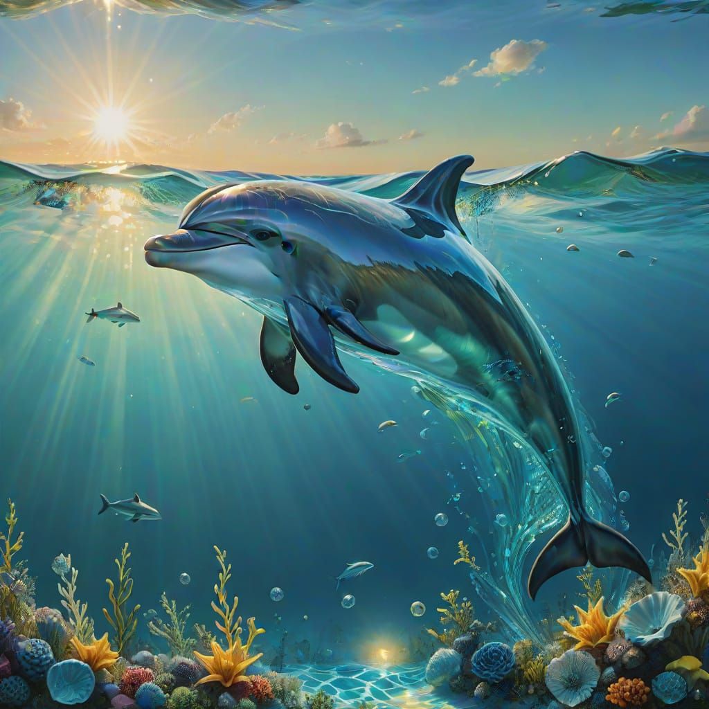 Glass Dolphin in Ocean, Vibrant Oil Painting
