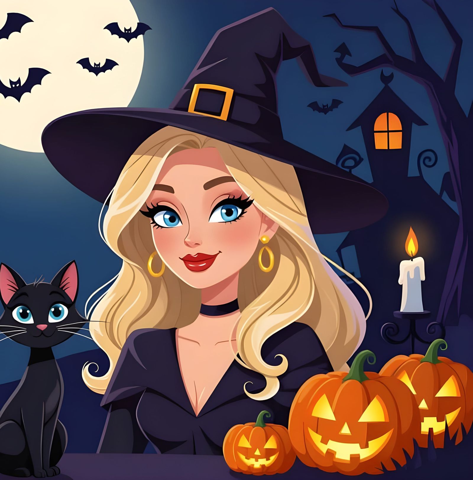 Cartoon Halloween Scene With Witch, Cat, and Pumpkins