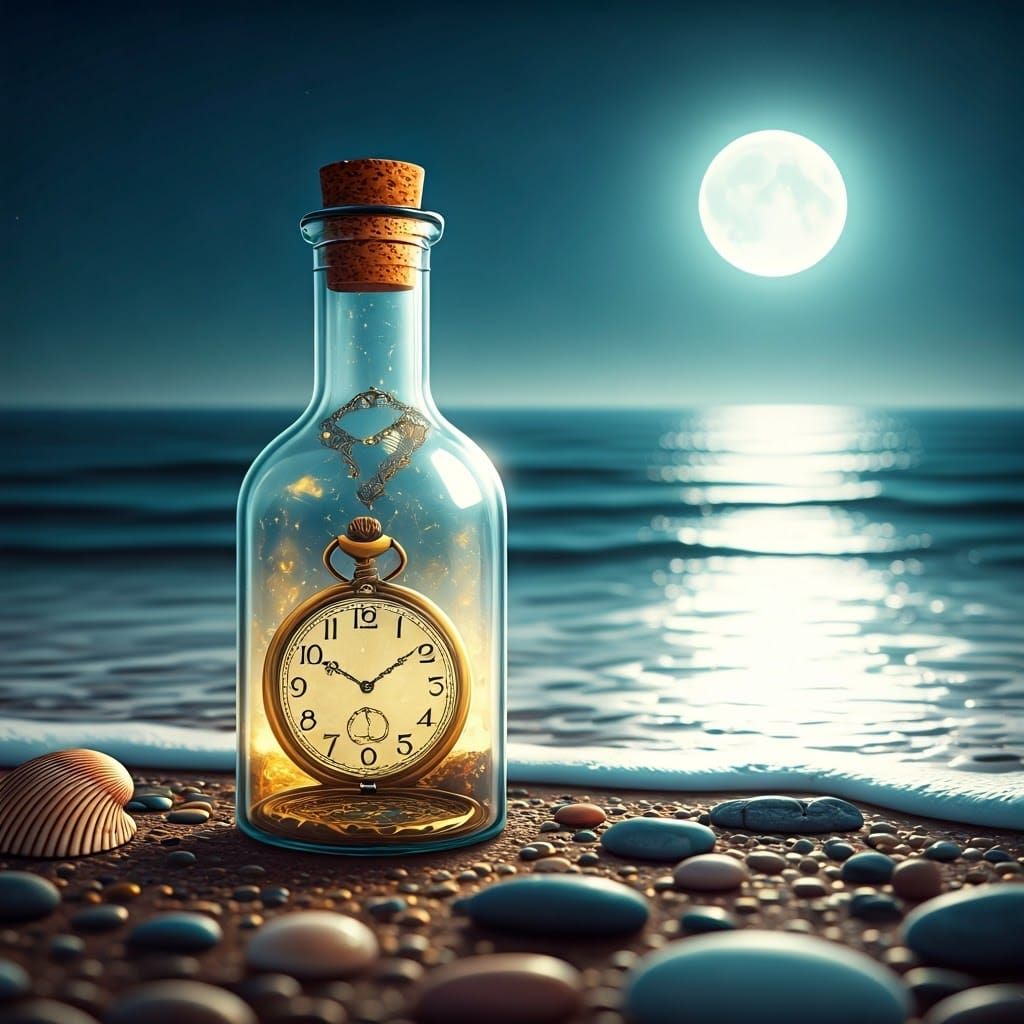 Mystical Bottle Encapsulates Time on Moonlit Beach