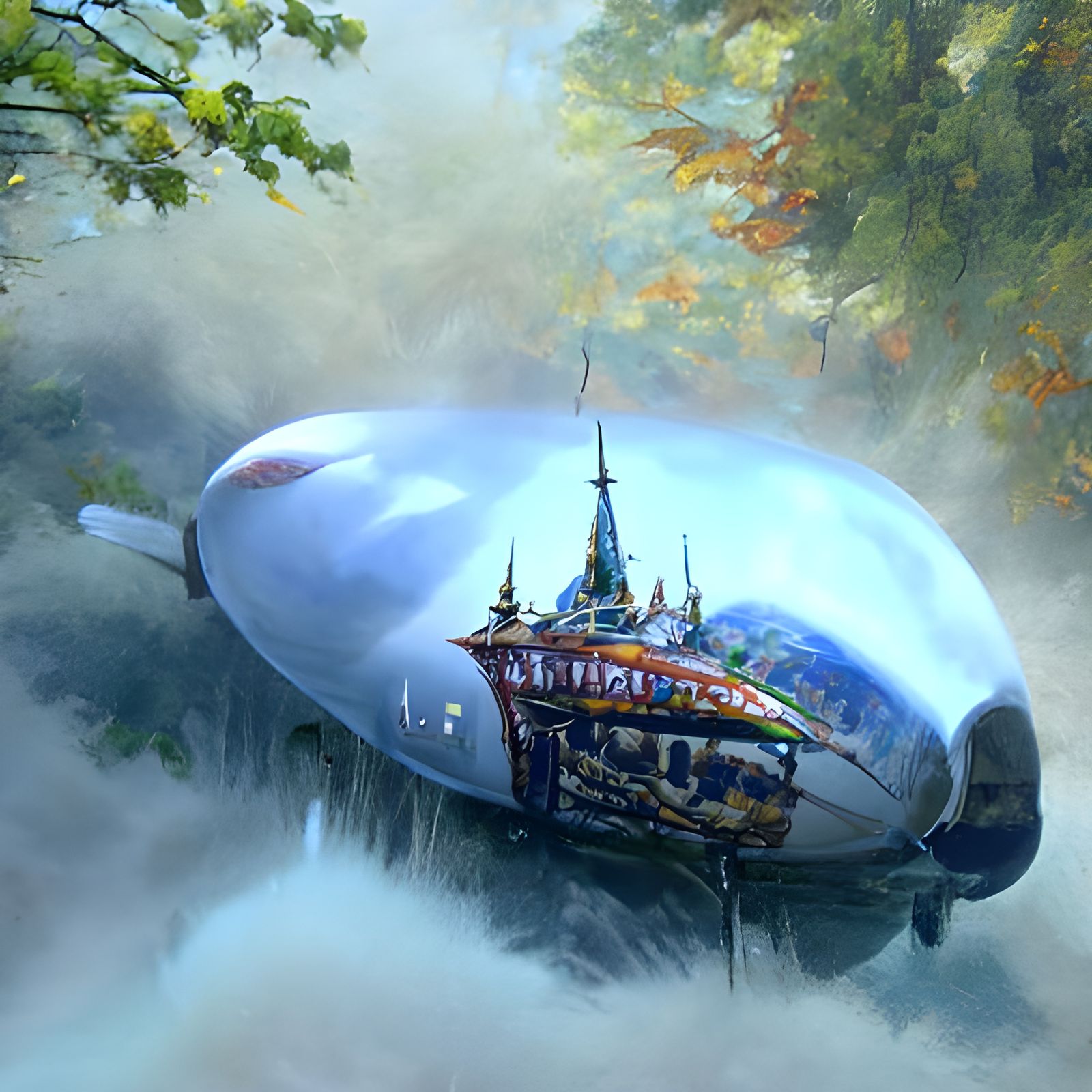 Ethereal Fantasy Airship in Misty Landscape