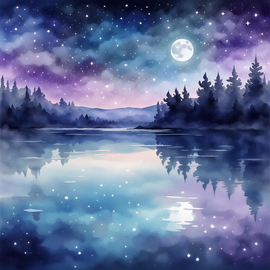 Dreamy Lake Reflects Starry Night in Watercolor