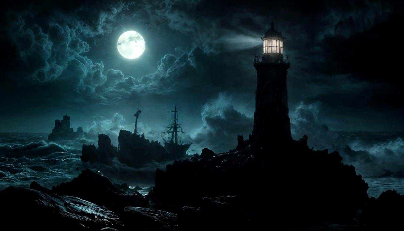 Dystopian Lighthouse and Ghost Ship at Night