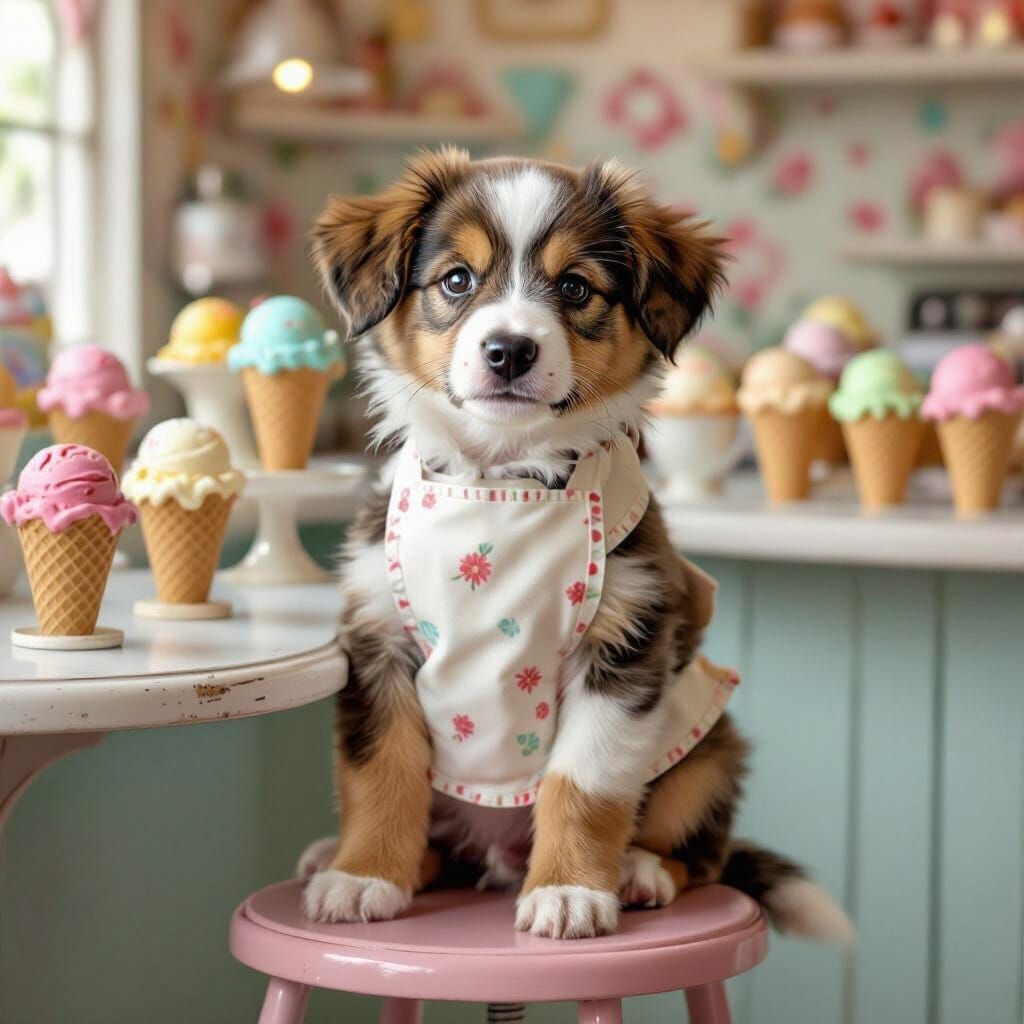 Puppy in Ice Cream Parlor, Whimsical Art Style