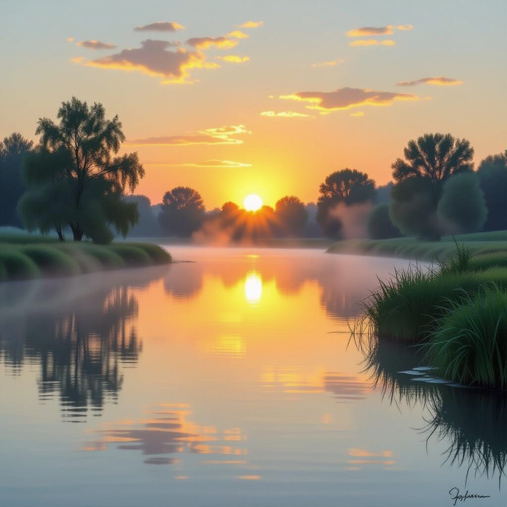 Sunrise Over Serene River in Painterly Style